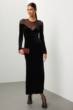 Delfi Collective Mika Black Mesh and Velvet Sheath Long Sleeve Midi Dress Size S